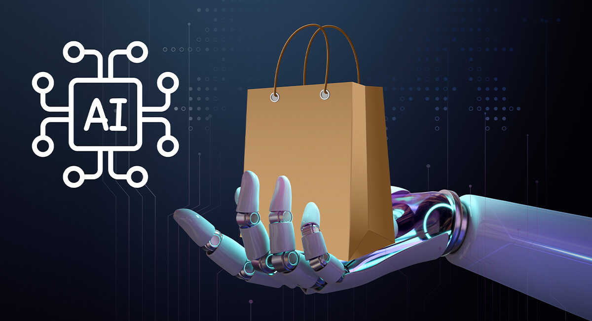 AI-powered robot hand holding a shopping bag, symbolizing artificial intelligence in e-commerce and retail technology